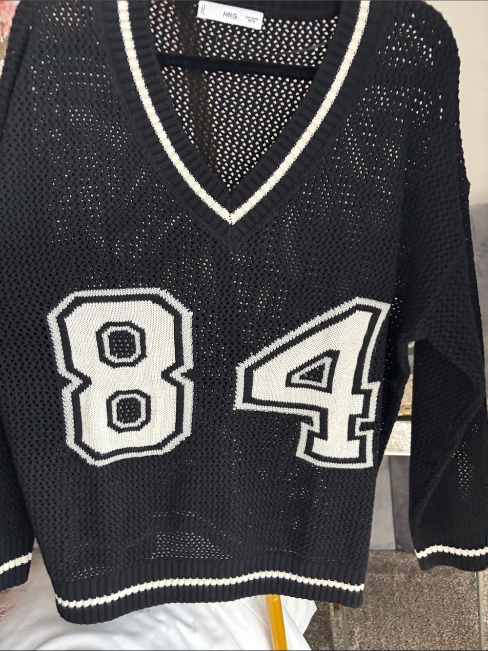 Mango Black V-Neck Mesh Sweater with White '84' Graphic